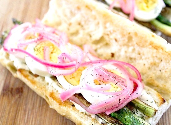 Boiled Egg, Sauteed Asparagus, and Pickled Onion Sandwich