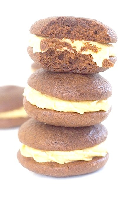 Chocolate whoopie pies with peanut butter frosting