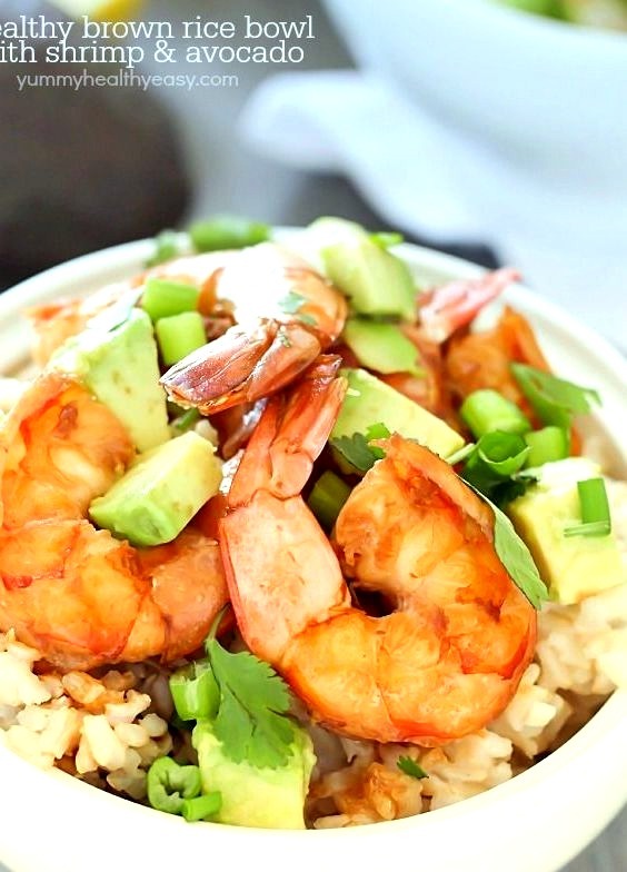 Healthy Brown Rice Bowl with Shrimp and Avocado