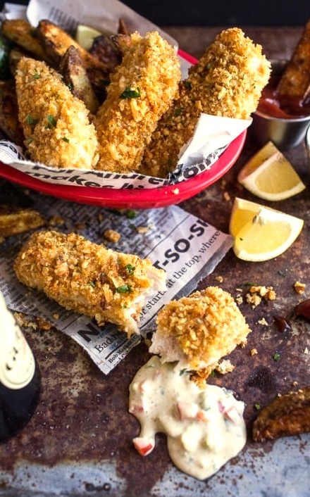 Potato Chip Crusted Fish and Chips With All The FixingsSource